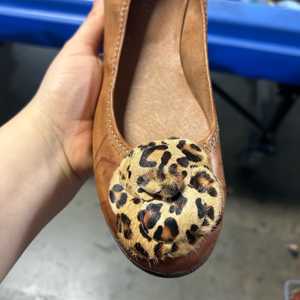 Italina Tan Ballet Flat with Leopard Rosette